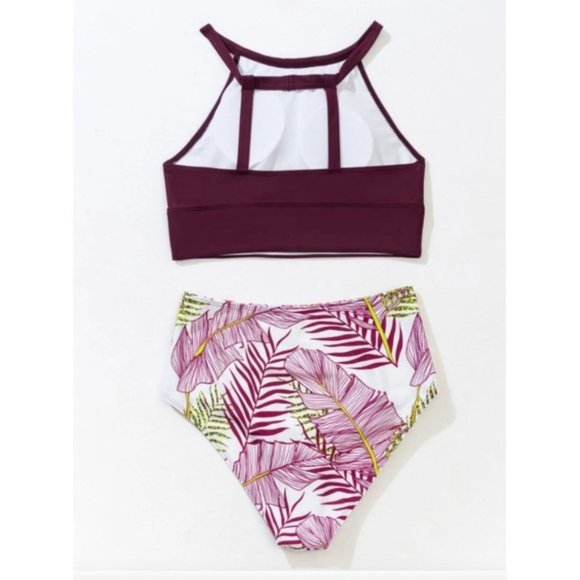 Burgundy Print High Waisted 2pc Bikini Swimsuit Bathing Suit - Picture 4 of 7